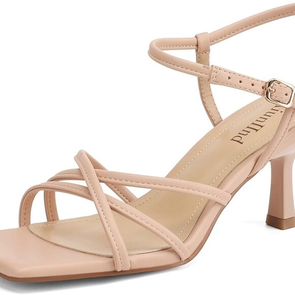 Shoes - Women's Faux Leather Square Toe Kitten Heel Sandals Ankle Strap Water Resistant